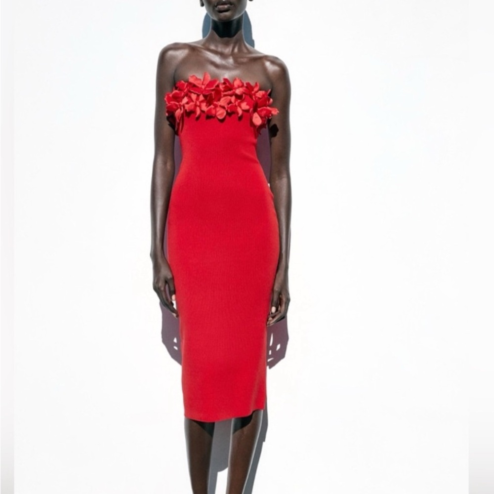 Zara Scarlet Strapless Dress with Floral Accents